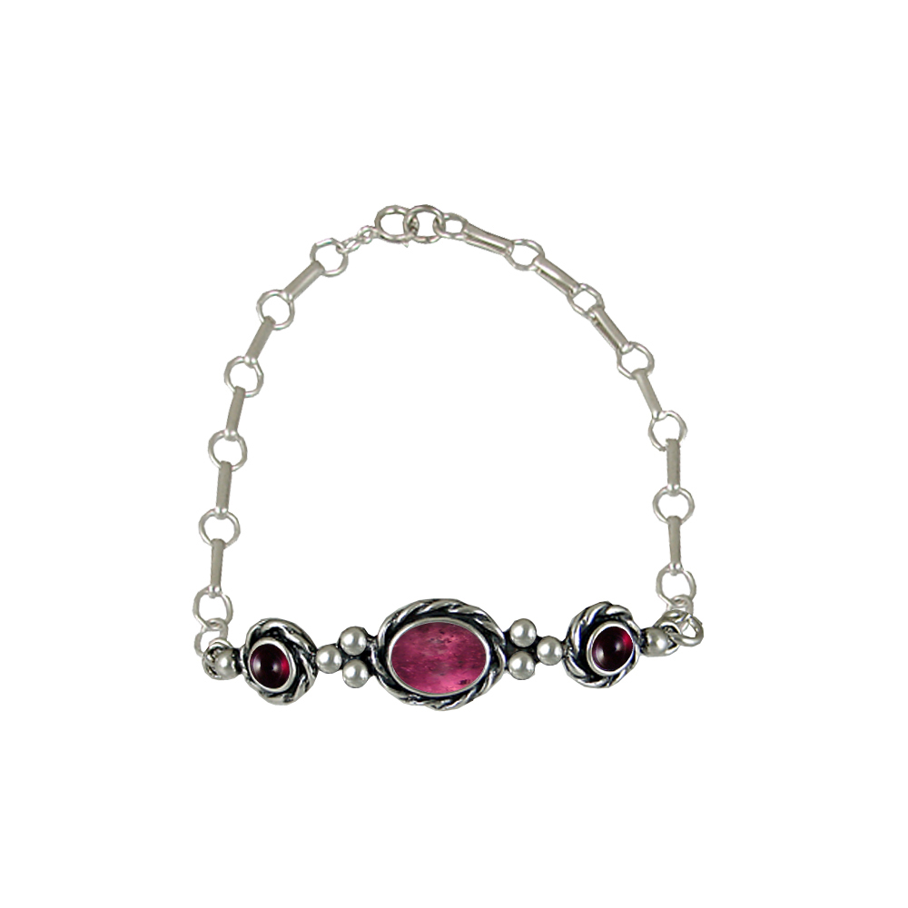 Sterling Silver Gemstone Adjustable Chain Bracelet With Pink Tourmaline And Garnet